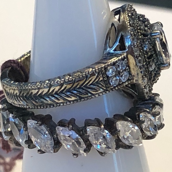 Vintage Antique Style Sterling Silver and Faux Diamond 2 Ring Set - Picture 6 of 11